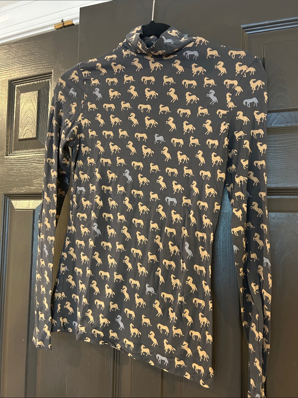 Tory Burch Black Long-Sleeve Turtleneck with Tan Horse Print